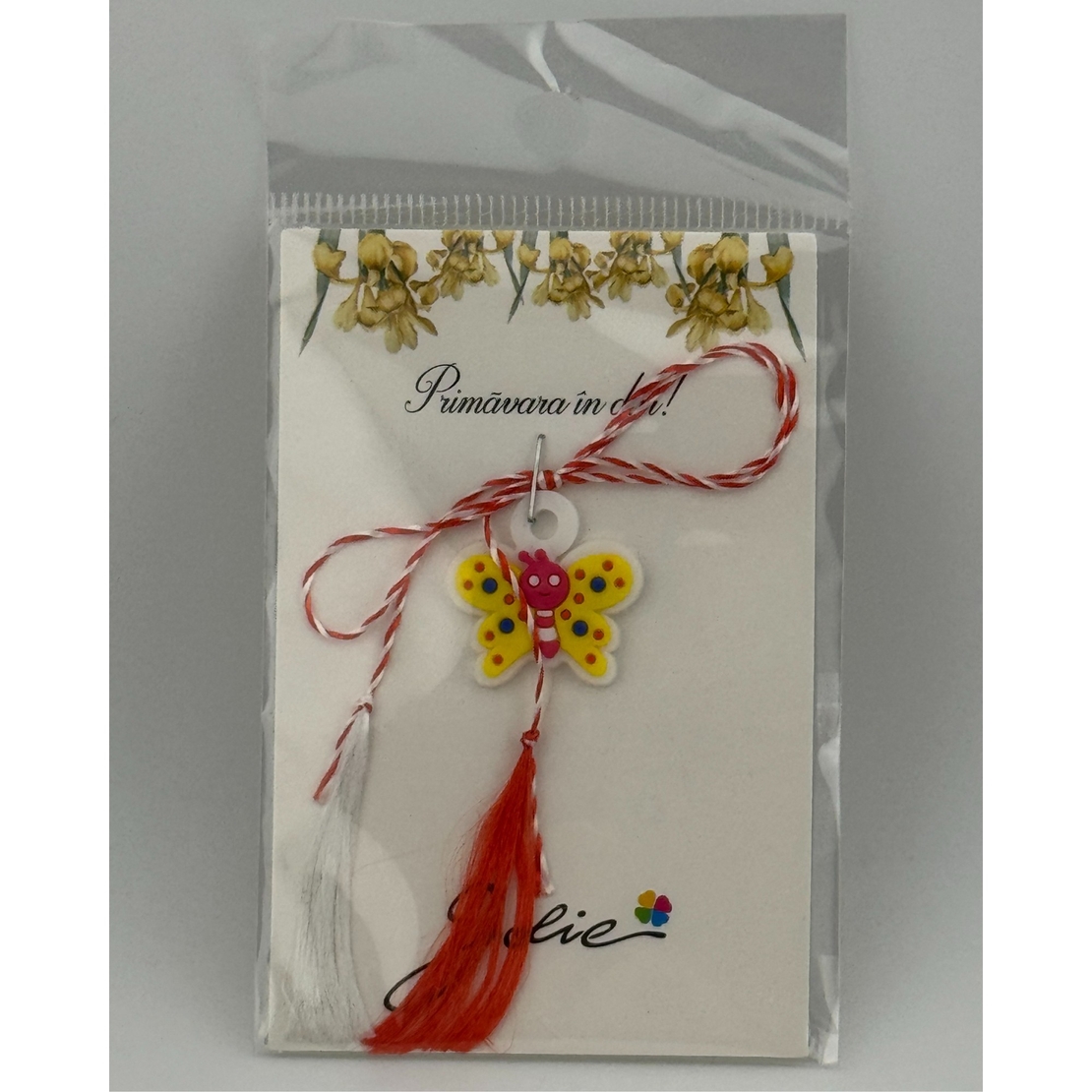 Martisor pentru Copii, Jolie, Material Cauciuc, Ambalaj Carton cu Design, Multicolor, Model Fluturas