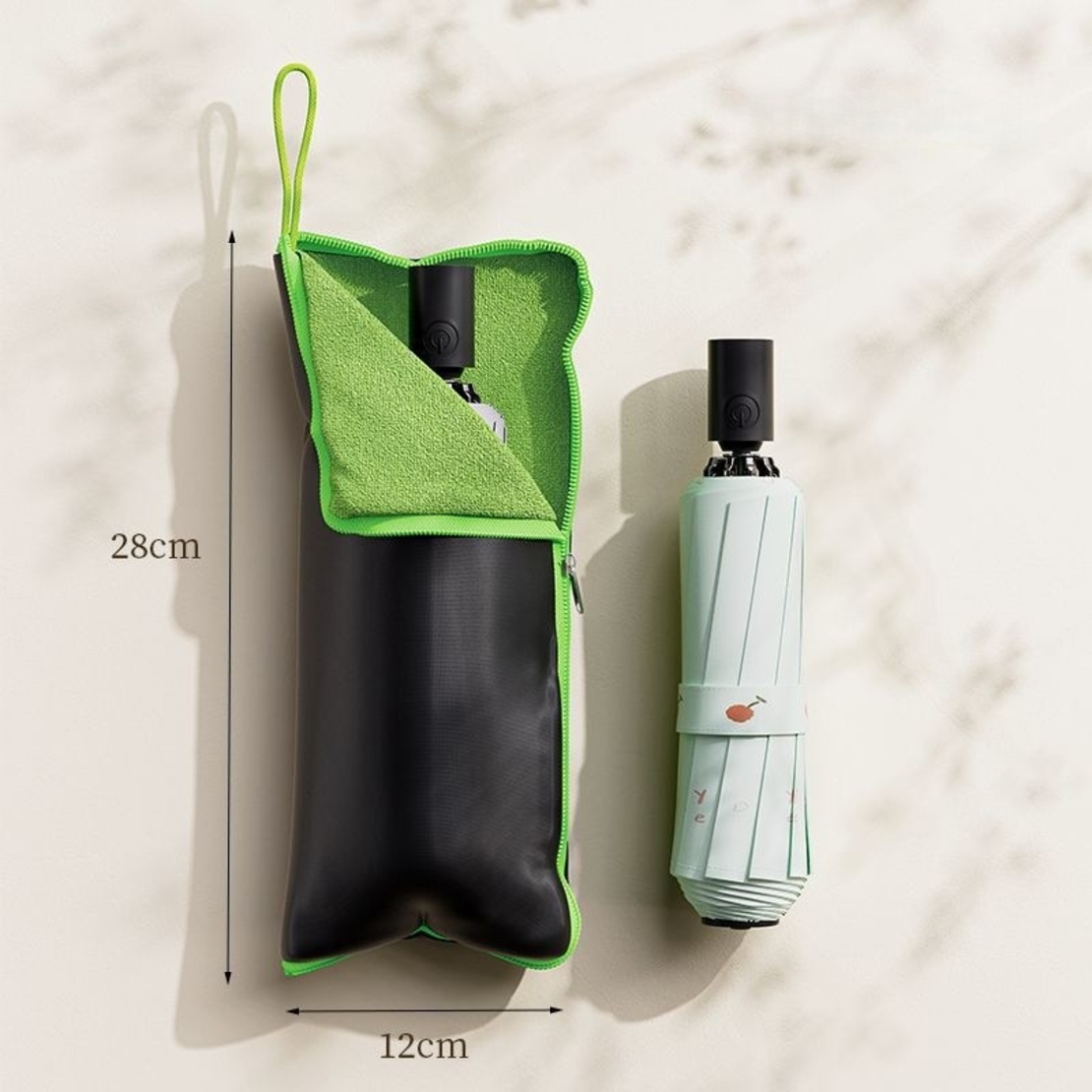 Husa Depozitare Umbrela, Flippy, Impermeabila, Interior Microfibra, cu Fermoar, 28 x 12 cm, Negru/Verde