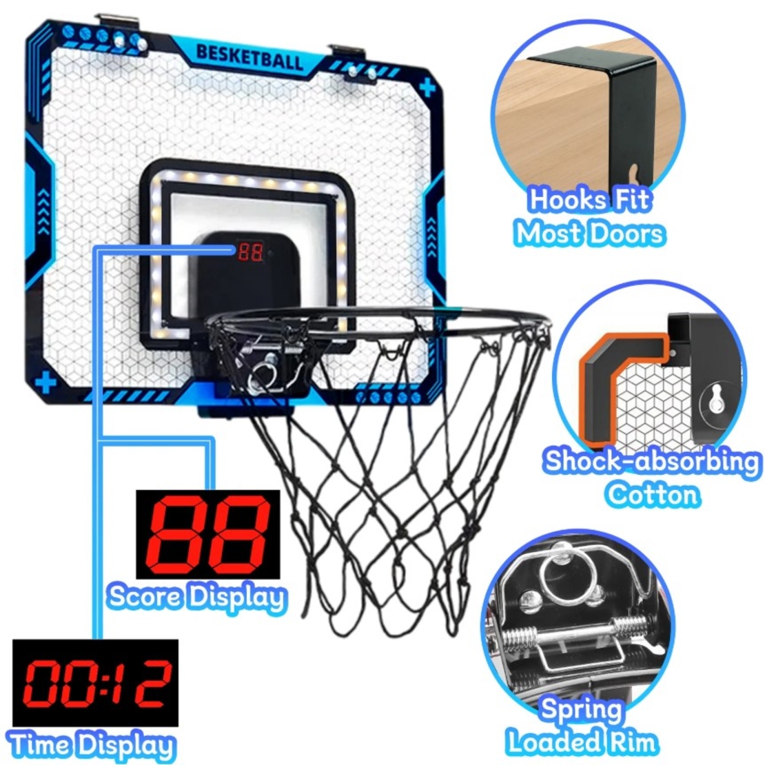 Cos de Baschet pentru Copii, Flippy, cu Tablou de Bord Electronic, Minge, Pompa, 2 Moduri, Interior/Exterior, Inel Metalic si Rabatabil cu Arc, Luminos, 41x31x5 cm, Multicolor