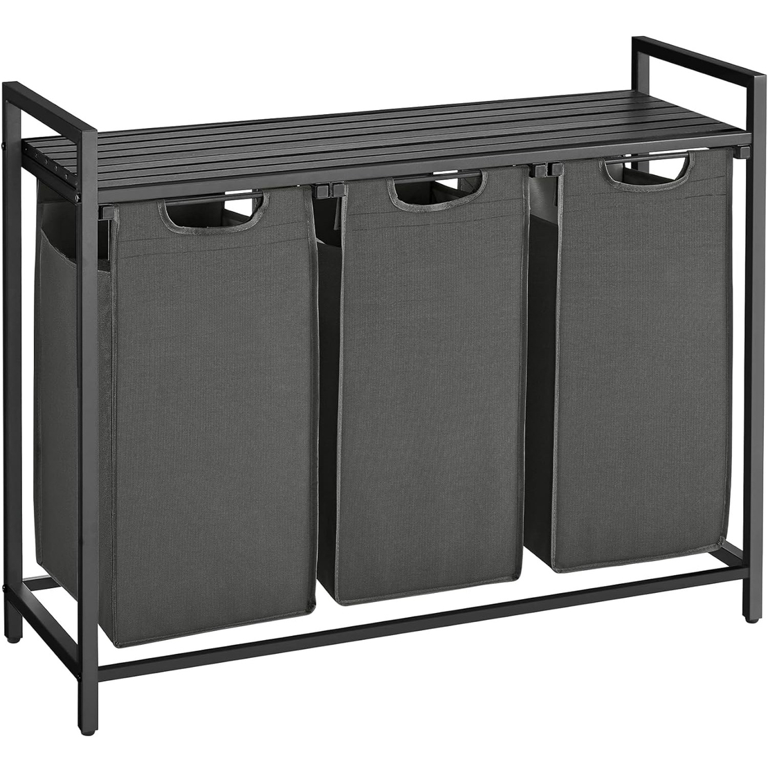 VASAGLE Cos de rufe, 3 compartimente, saci de rufe detasabili, raft, cadru metalic, 3x38L, 93x33x72 cm, negru