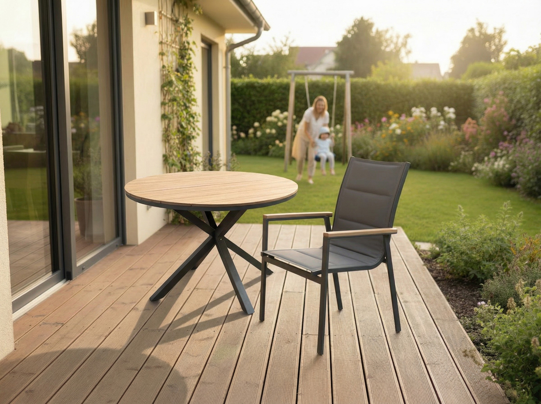 Masa rotunda pentru gradina, cadru aluminiu cu blat polywood aspect lemn, 112x73 cm, maro natur