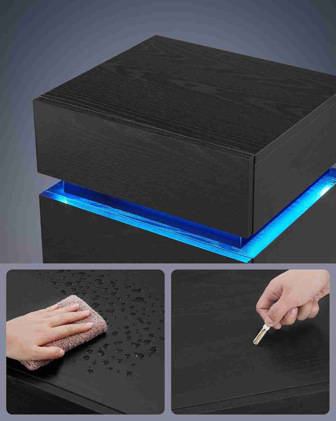 VASAGLE Noptiera din MDF cu iluminare LED, culori si intensitate reglabile, 35x40x55cm, negru