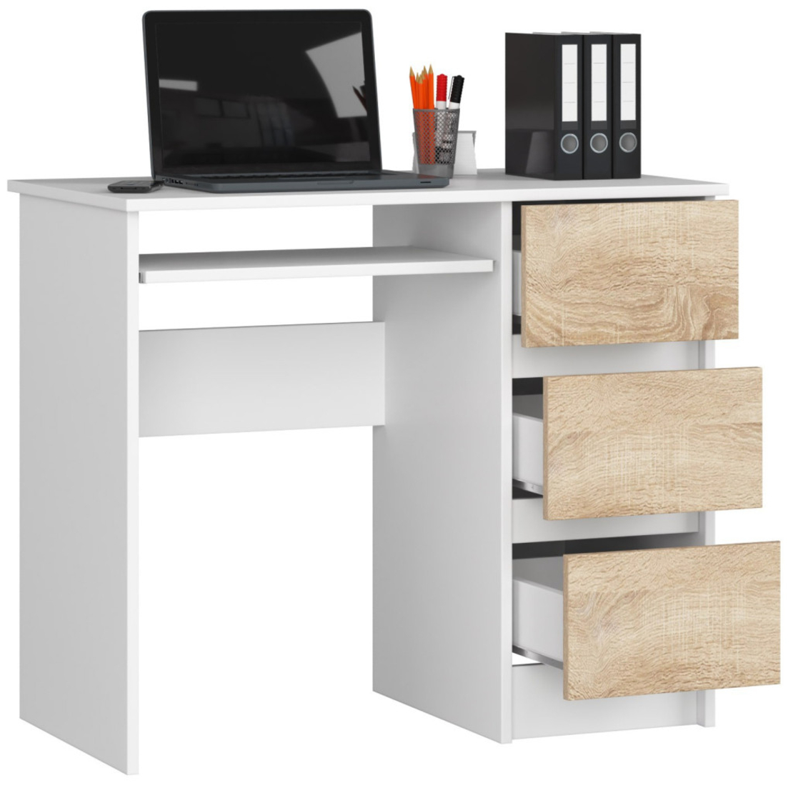 Birou computer cu 3 sertare si raft pentru tastatura, dreapta, 90x50x77 cm, alb si stejar sonoma