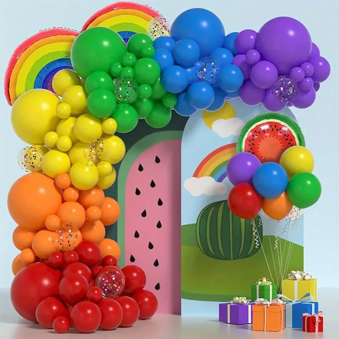 Baloane decorative pentru PETRECERE, Flippy, Arcada Set MIX din 107 baloane, pentru Evenimente, Aniversari, Model Curcubeu, Rainbow, Multicolor