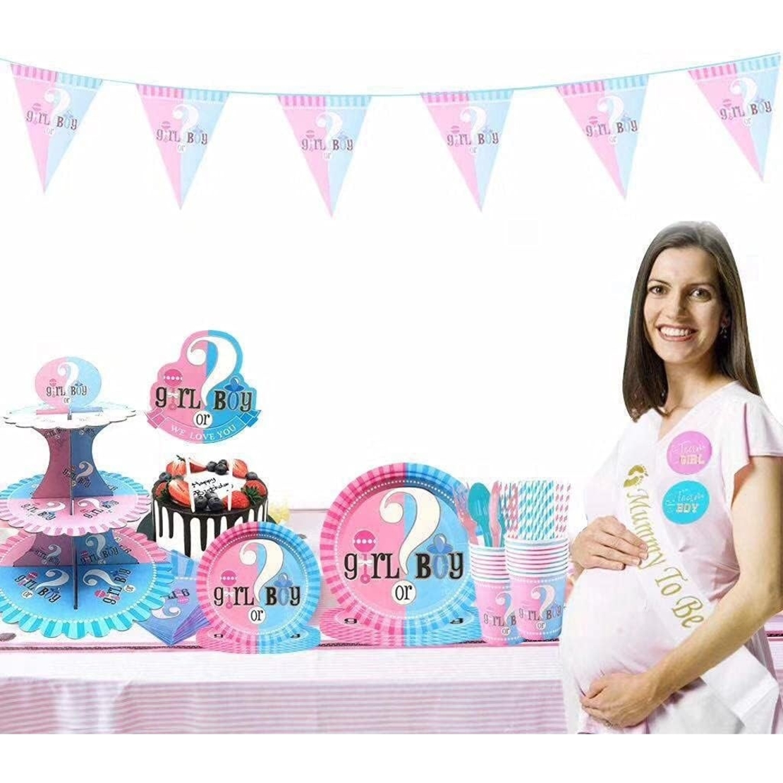 Set 10 Farfurii Gender Reveal, Vafy, Girl or Boy, din Carton, 18 cm, Roz/Albastru