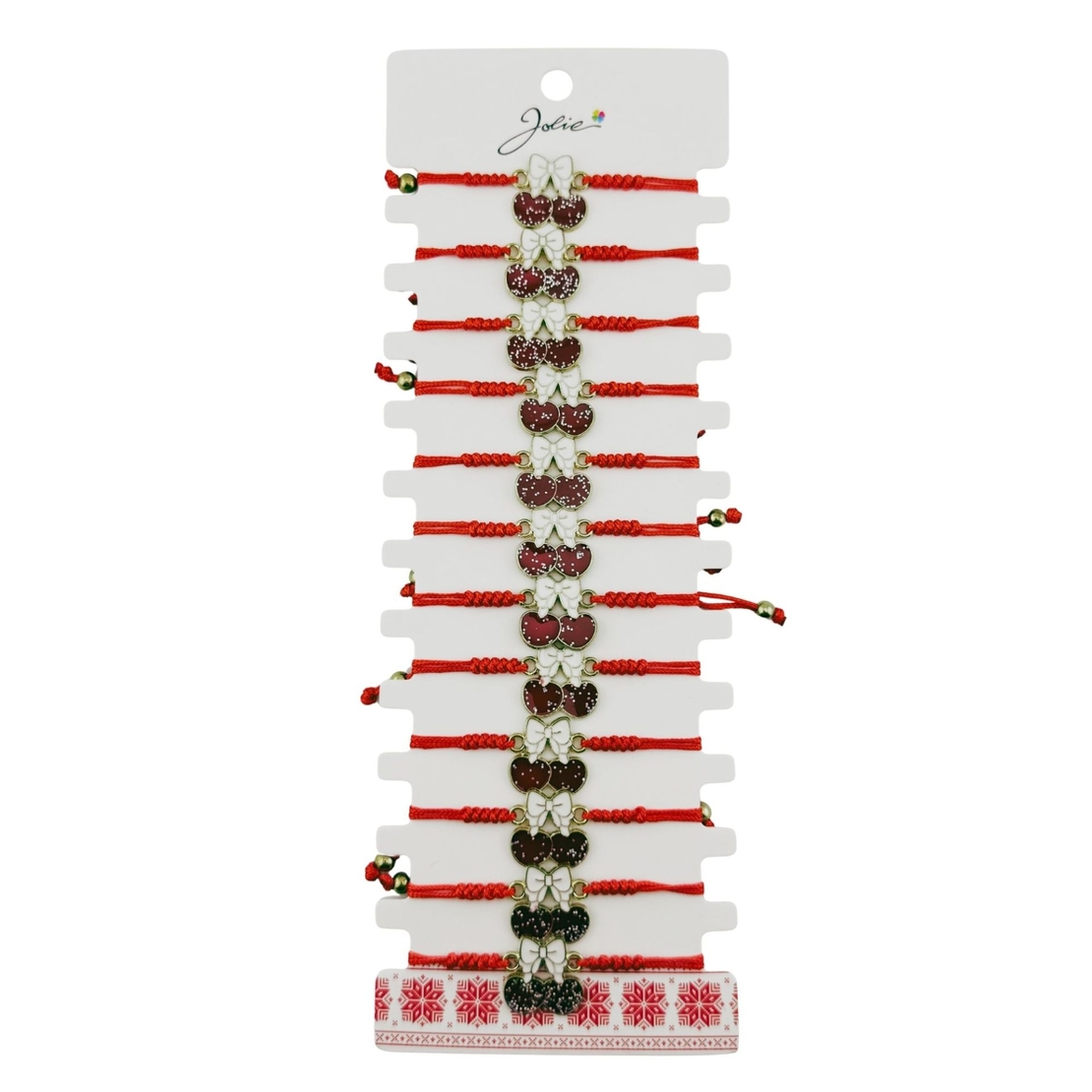 Martisor Bratara pentru Dama si Copii, Jolie, Model Cirese cu Fundita si Sclipici, Set 12 bucati, Pandantiv Emailat, Snur Reglabil, Rosu/Alb