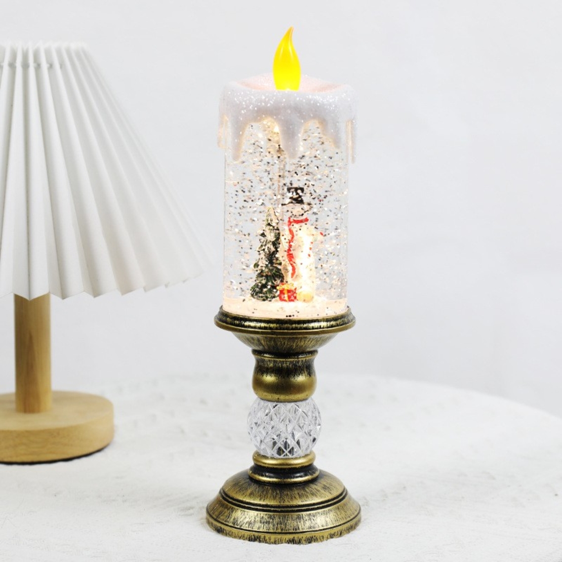 Decoratiune Luminoasa, Flippy, Lampa de Craciun, cu Lumina LED, Ornament Model Sfesnic cu Lumanare Om de Zapada, 26x8.5x8.5 cm, Auriu