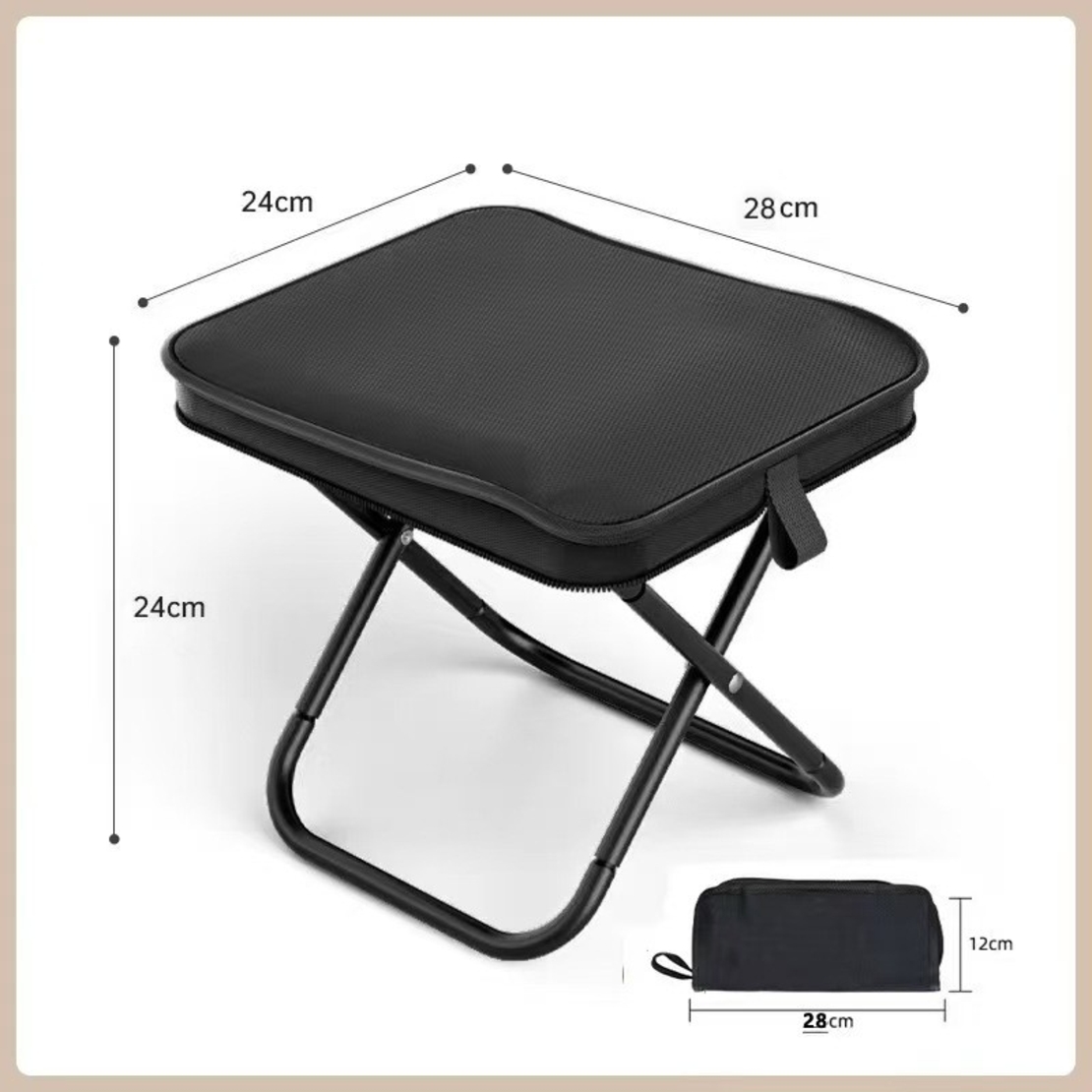 Scaun Pliabil, Vafy, pentru Adulti, Portabil, pentru Camping, Pescuit, din Panza Oxford si Cadru Metalic, 24 x 24 x 28 cm, Negru