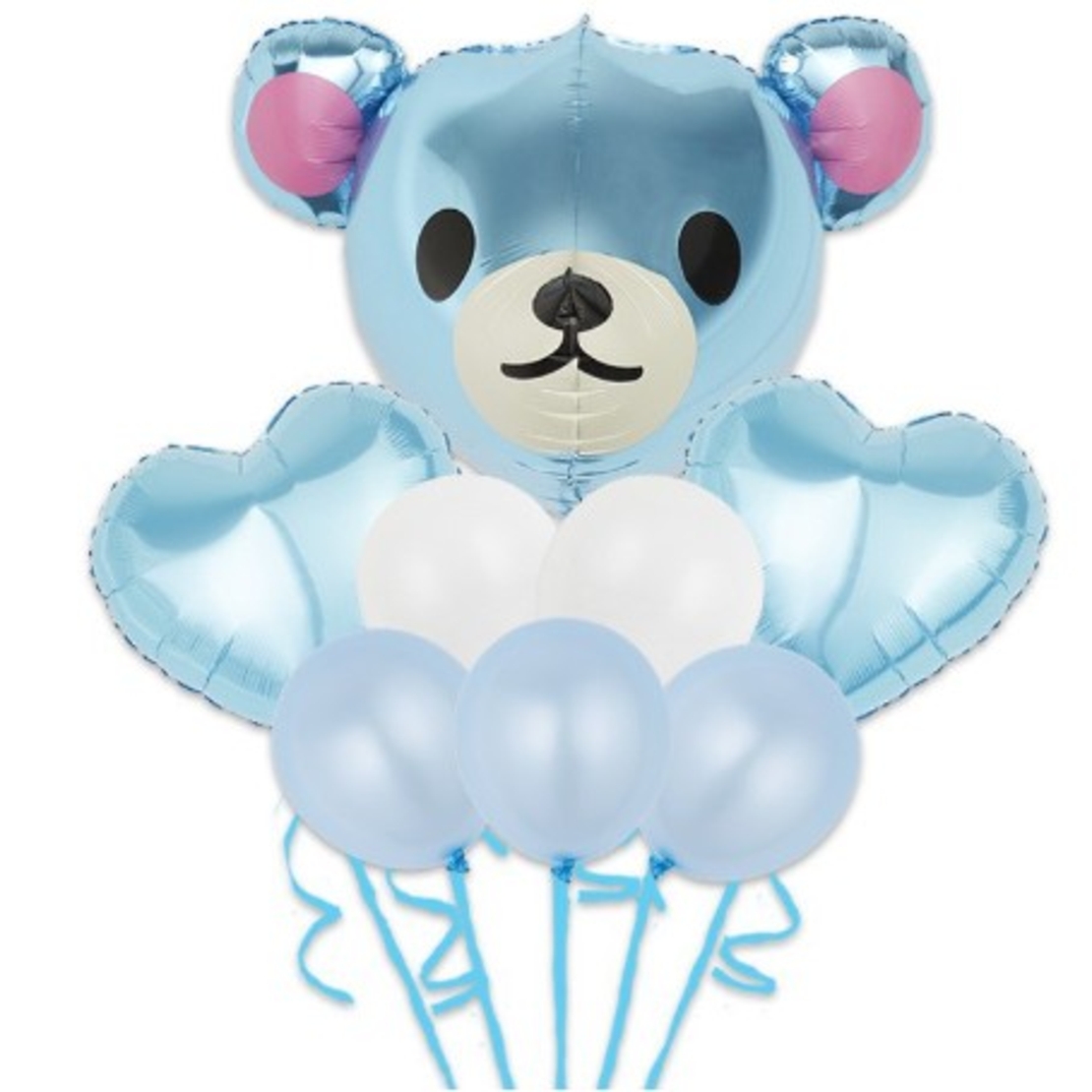Set Baloane Aniversare, Vafy, set din 8 bucati, 1 bucata urs mare, 2 inimi folie, 5 simple din latex Baby Boy, 60 cm Albastru