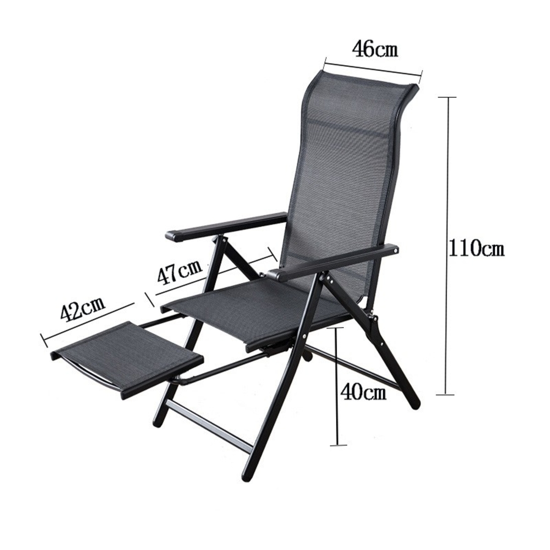Scaun 2in1 de Gradina, Vafy, Sezlong, Suport Picioare, Pliabil, Cadru Metalic, Impermeabil, 47 x 110 x 46 cm, Negru