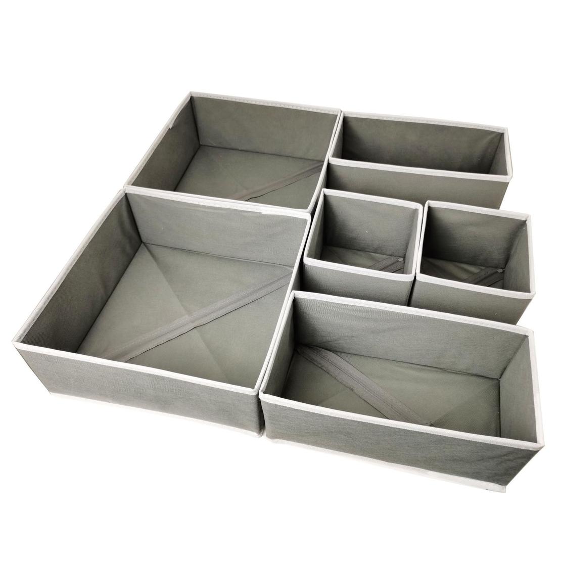 Organizator pentru Sertar, Flippy, 3 Marimi, pentru Lenjerie, Tricouri, Sosete, 6 Piese, Pliabil, Stivuibil, din Tesatura, Gri/Alb