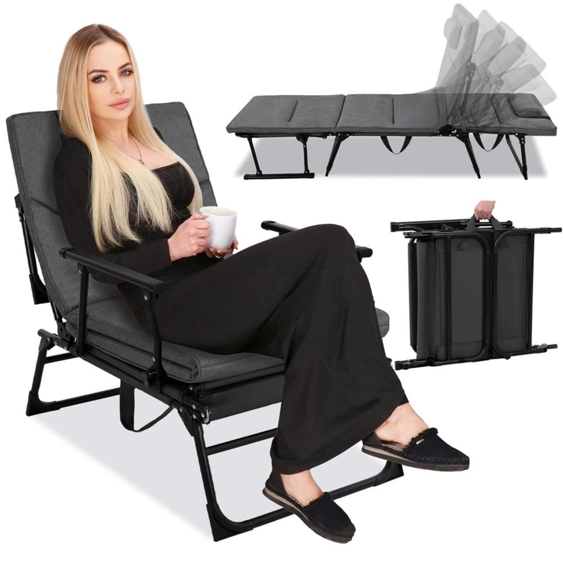 Fotoliu pliabil 2 in 1 tip sezlong, cu 5 pozitii, structura metalica si saltea inclusa, 180x58x89 cm, gri