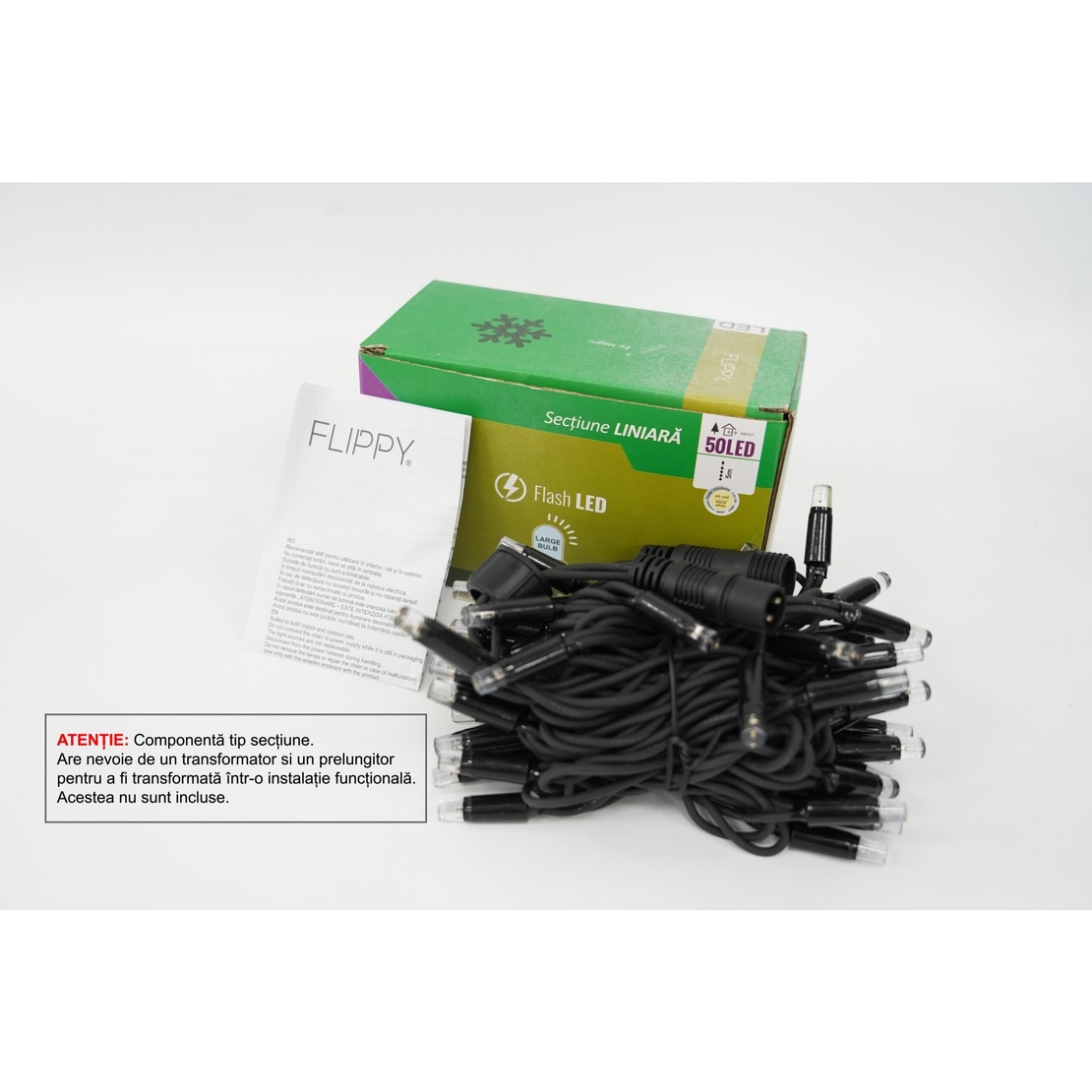 Sectiune Instalatie de Craciun Vafy Tip Liniara, cu Flash, 5 m, 50 LED-uri, Interconectabila, Fir Negru, Alb-Cald