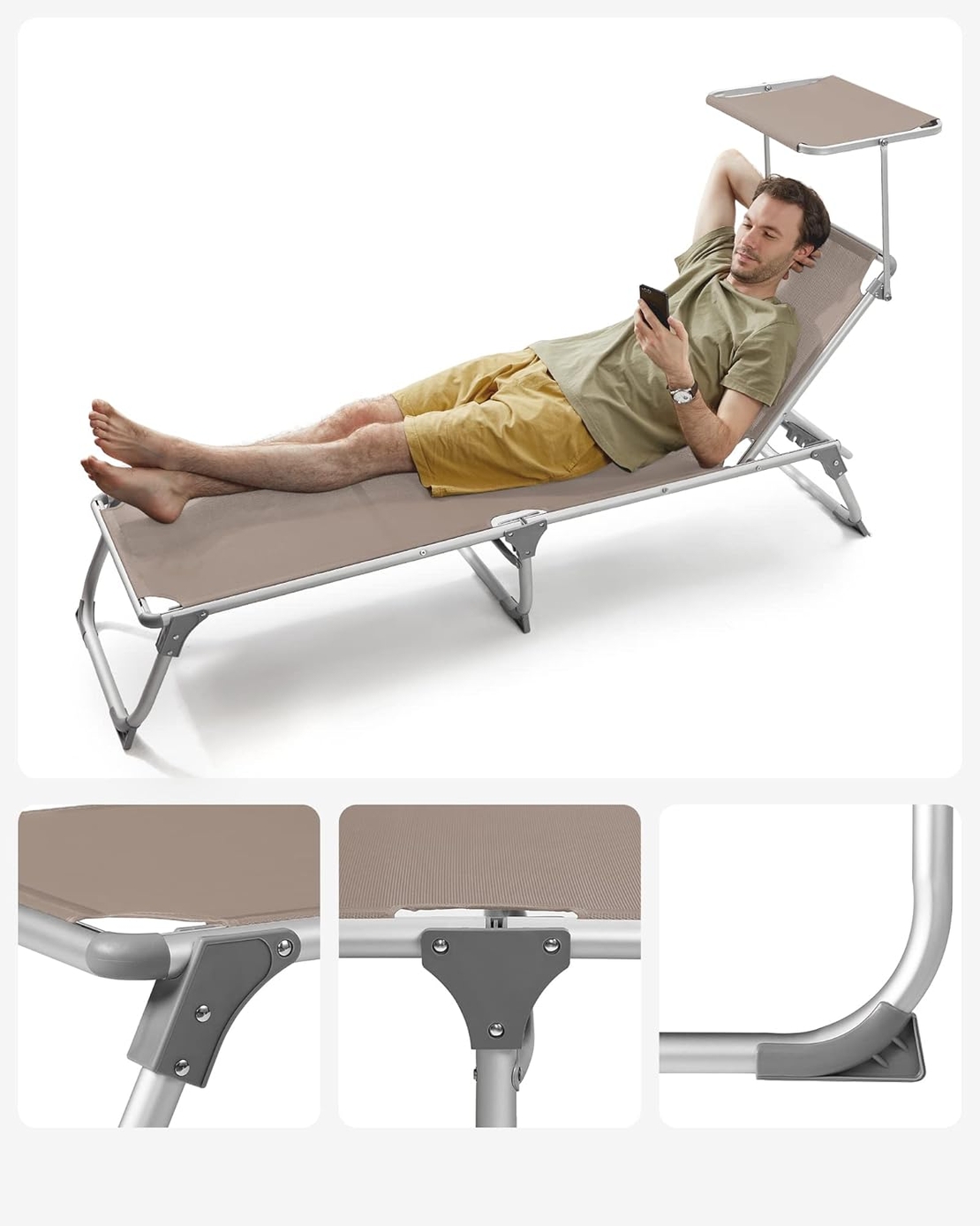 SONGMICS Sezlong pliabil, cu parasolar, spatar reglabil in 5 pozitii, maxim 150kg, 193x55x31cm, taupe