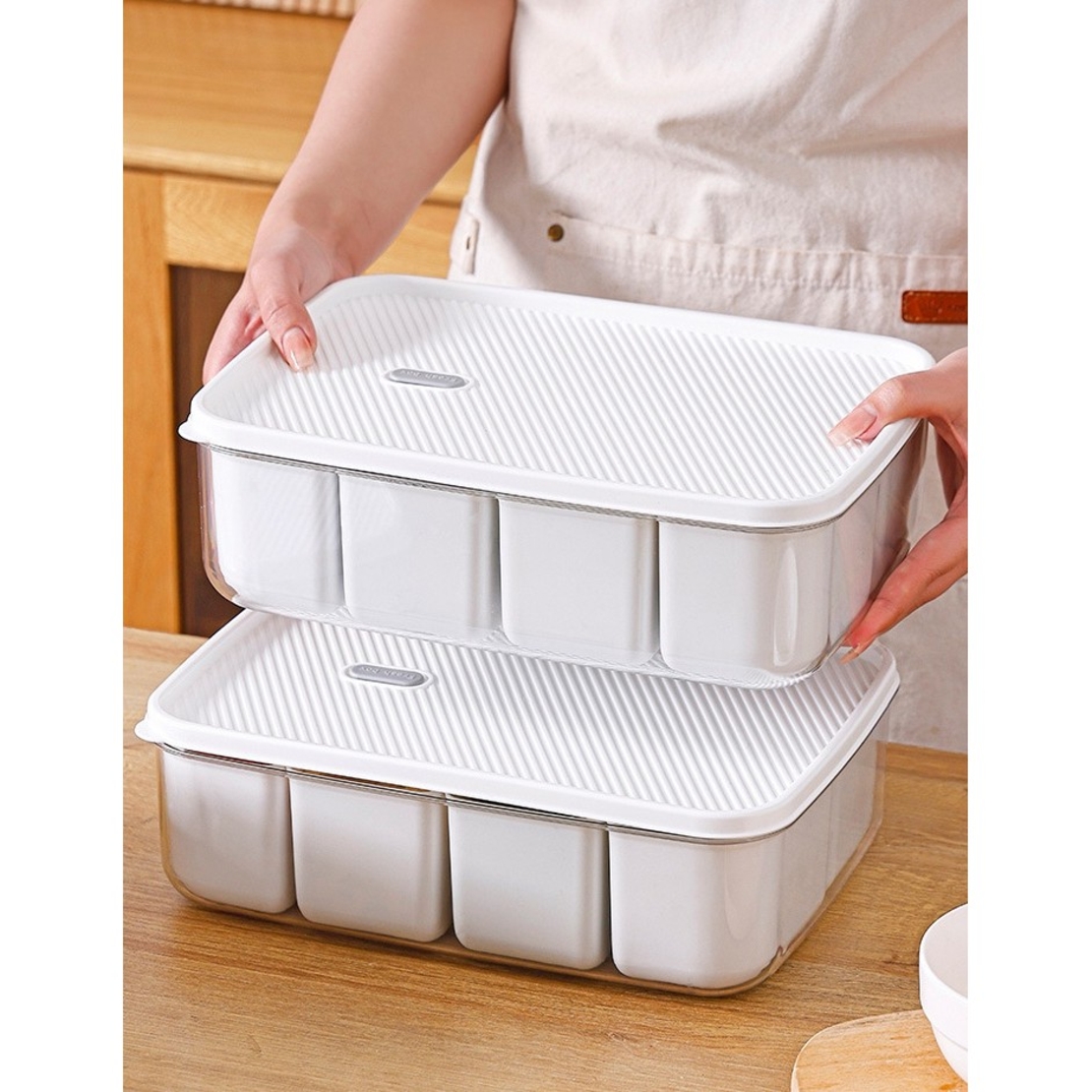 Cutie pentru Depozitare Alimente, Flippy, 8 Compartimente cu Capac, Material PET+PP, 29 x 20 x 9 cm, Alb/Transparent