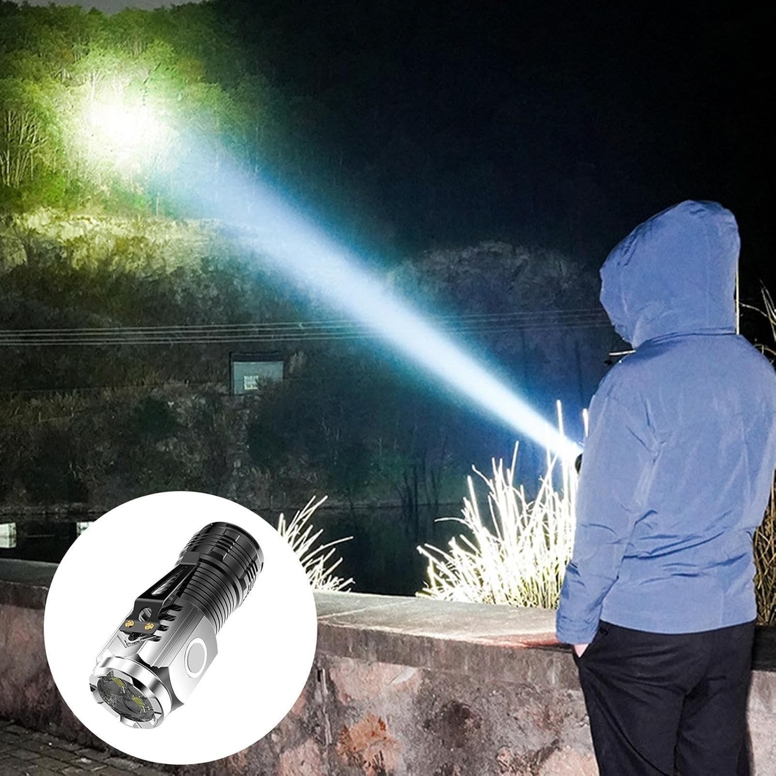 Lanterna cu 3 Nuclee Led, Vafy, Incarcare USB, Autonomie 4-20h, Raza Maxima 100-200 m, 5W, 4 x 4 x 9 cm, Suport de Agatat, Fund Magnetic, Argintiu