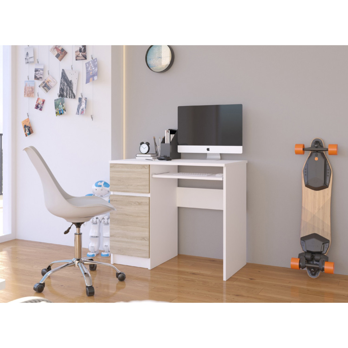 Birou computer PIKSEL, cu sertar, dulap si raft pentru tastatura, stanga, 90x50x77 cm, alb si stejar sonoma