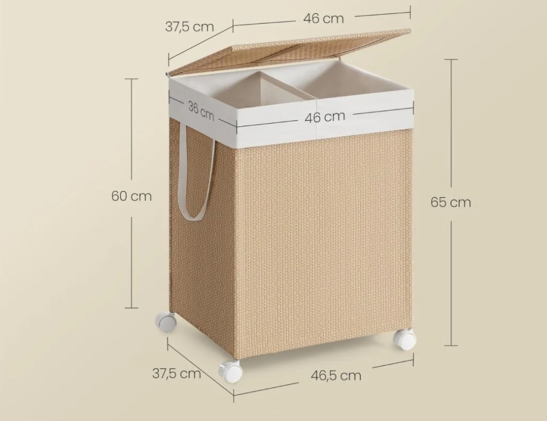 SONGMICS Cos rufe din tesatura tip ratan, 100L cu 2 compartimente si roti, 47x38x65 cm, bej natur