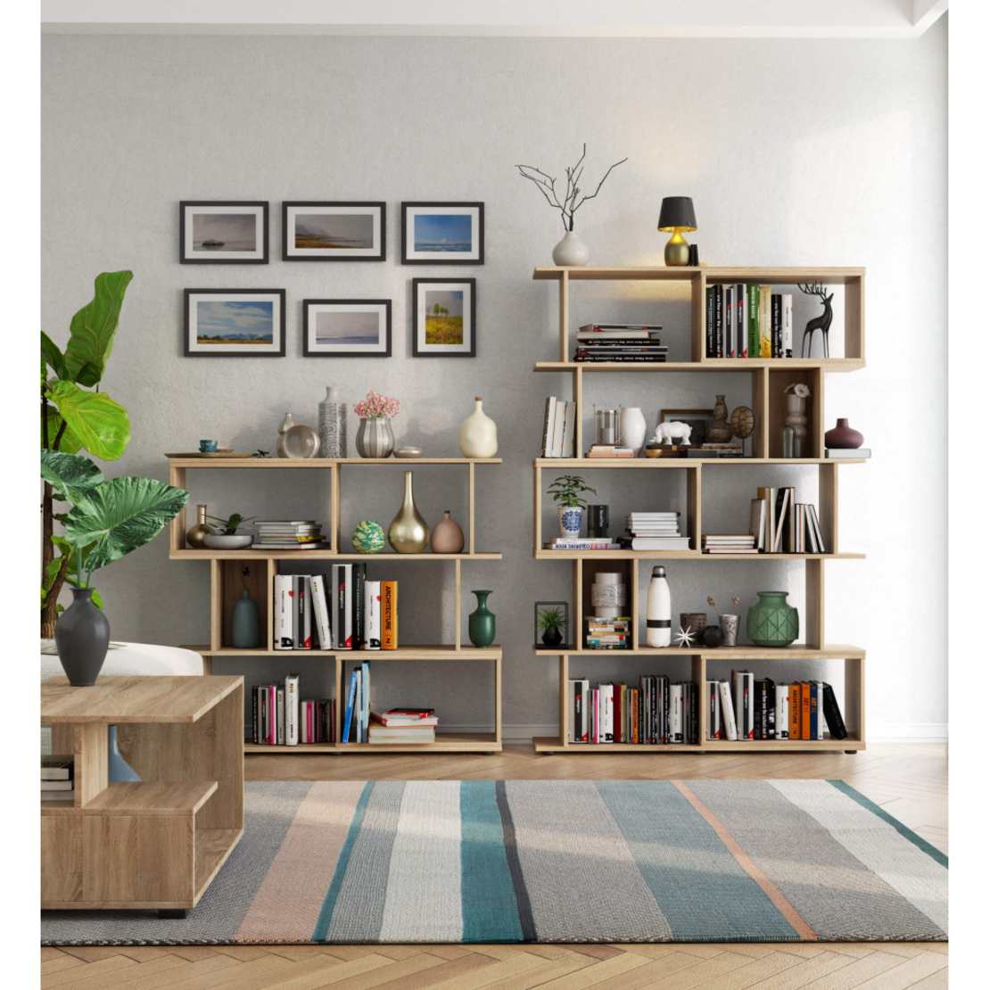 Etajera modulara cu 6 rafturi pentru depozitare, PAL laminat 16 mm, 120x28x108 cm, stejar sonoma