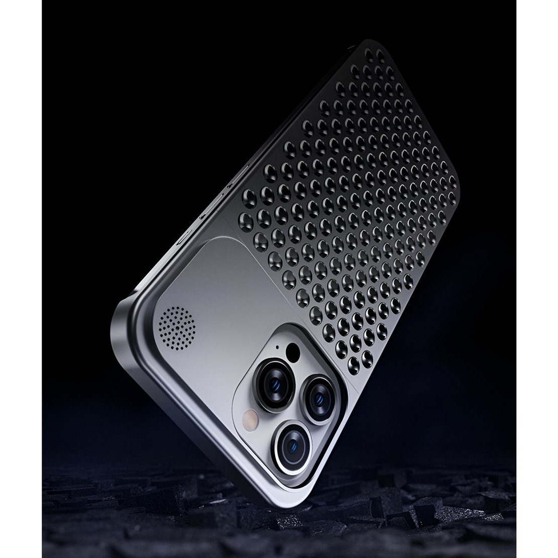 Husa Aromaterapia Compatibila cu iPhone 15 Pro, Vafy, Antisoc, Antizgariere, Protectie Camera si Supraincalzire, din Aliaj de Aluminiu, Gri