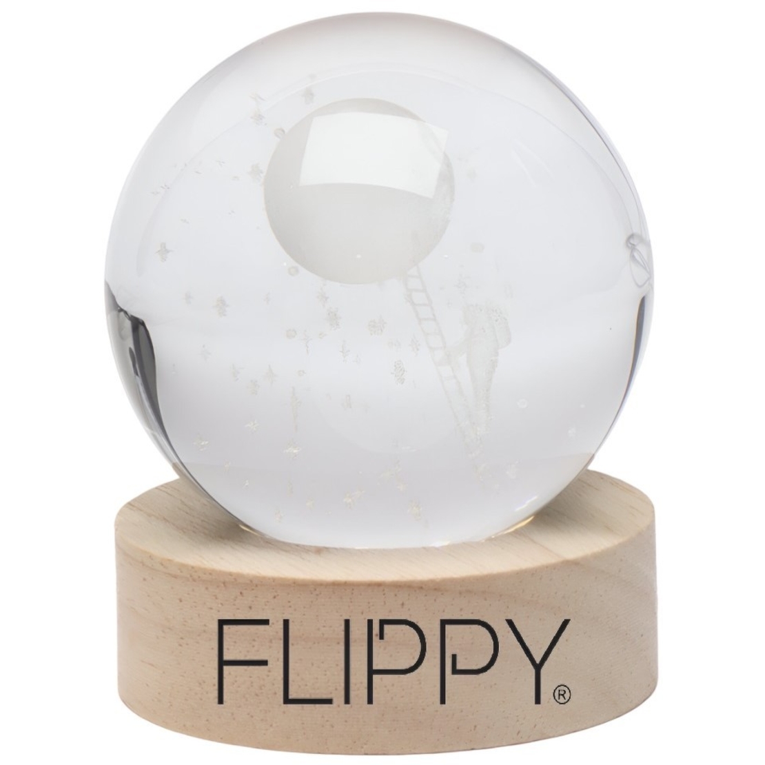 Lampa LED Decorativa, Flippy, cu Bila de Cristal cu Diametru 6cm, Model Astronaut pe Scara catre Luna 3D, Alimentare USB, Suport din Lemn, Lumina Alb