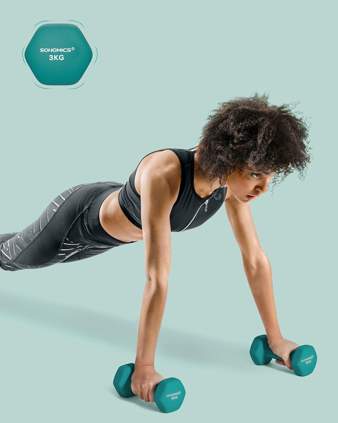 SONGMICS Set gantere fitness hex 2x3 kg, antiderapante, din fier invelit in vinil, verde