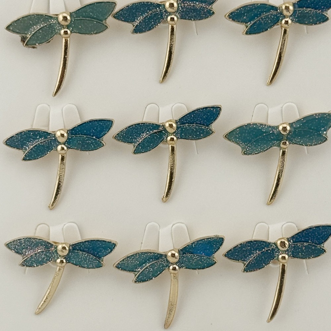 Set 12 Brose Martisor Traditional, Jolie, Model Libelula, Brose din Metal, Aspect Lacuit, 2,5 x 2,5 cm per Unitate, Verde