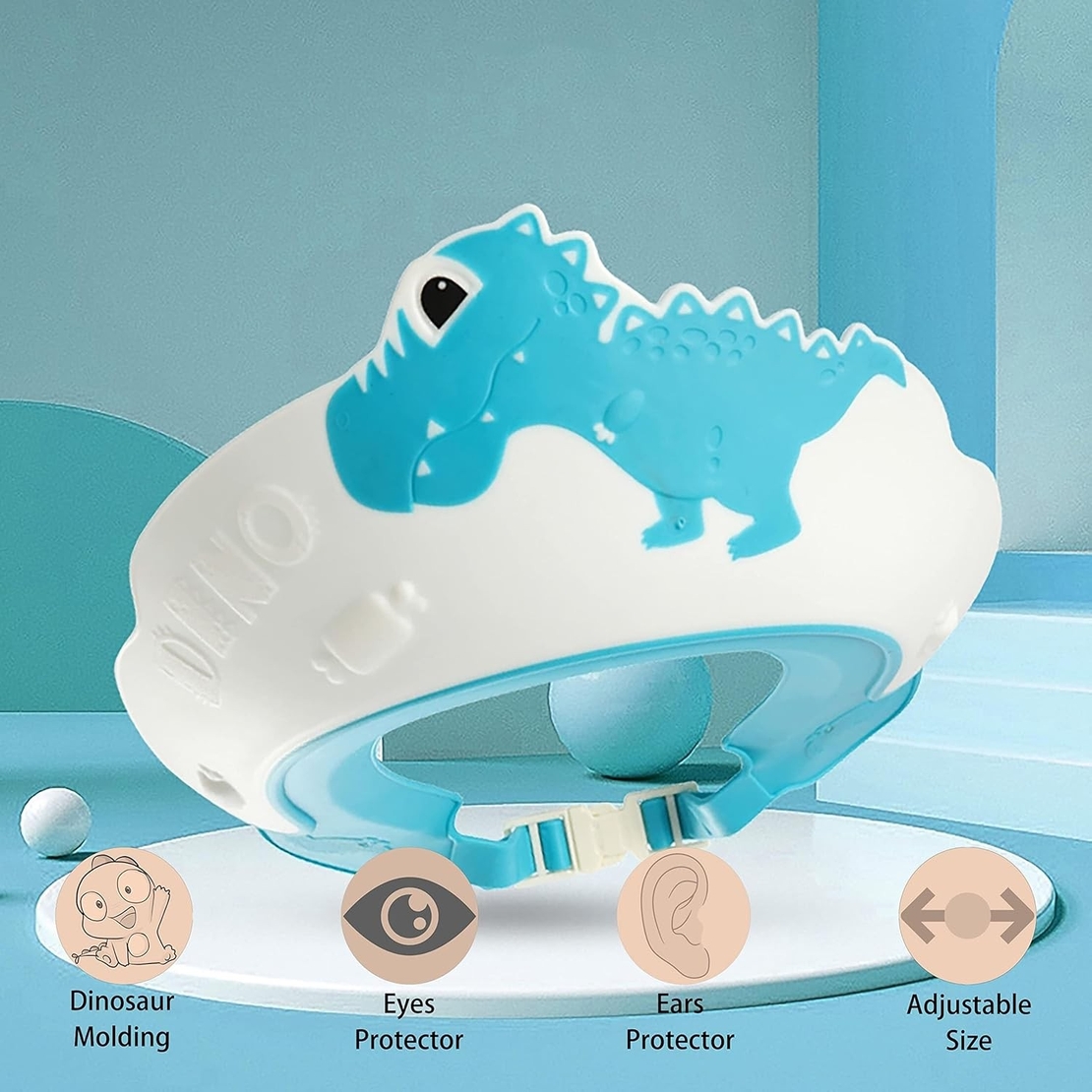 Viziera de Protectie Baie Pentru Copii, Fippy, Model Dinozaur, Dimensiune ajustabila, Durabil, Usor de curatat, Impotriva Samponului, pentru Ochi si Urechi, TPE+PP, 22x21 cm, Albastru