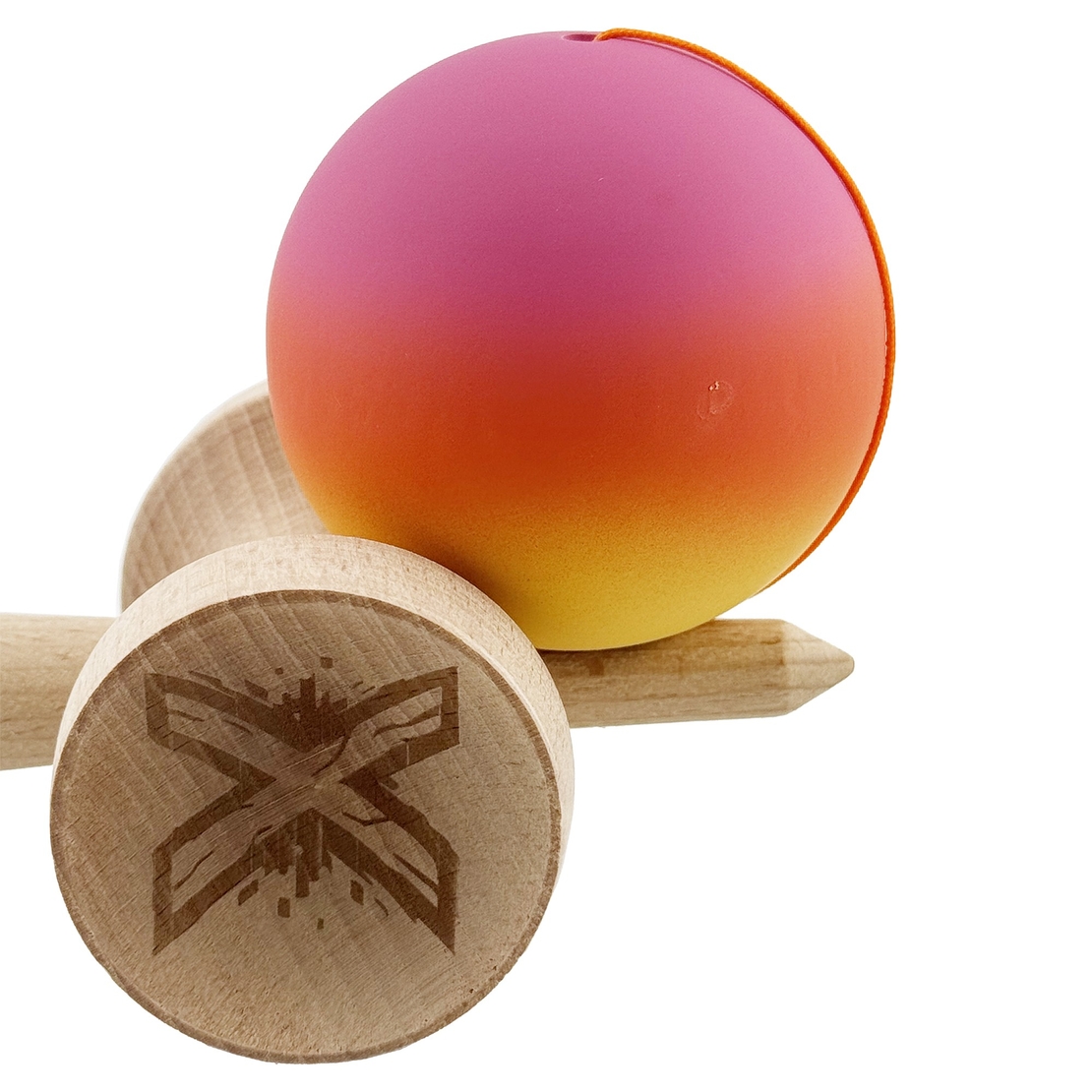 Kendama X Originala, Profesionala, Flippy, Cupe Mari KING SIZE V3, Rubber Grip, Gaura in Baza, Rulment Metalic, din lemn 18 cm, Ata 62/65 cm, Gradient Roz/Rosu/Galben