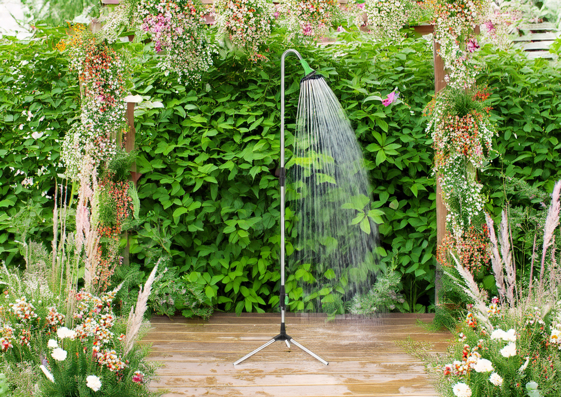 Dus de gradina pe trepied cu conectare la furtun, reglabil pe inaltime, utilizare exterior, 210 cm