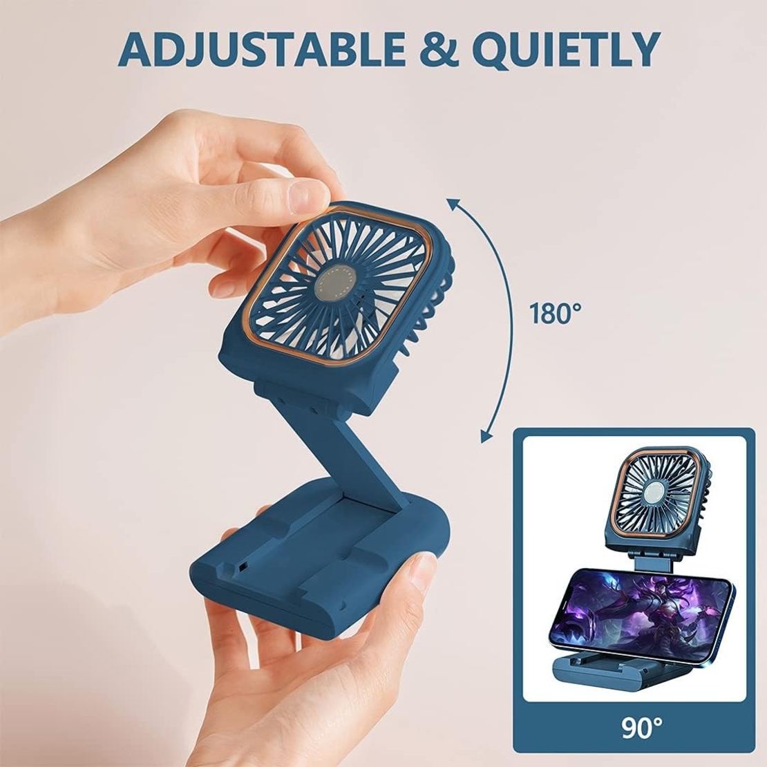 Ventilator Portabil Vafy, 3 in 1, de Mana, de Gat, de Birou, 16.7 x 8 x 1.9 cm, 3 Trepte de Viteza, Incarcare USB, Pliabil, Afisaj Digital, Suport Telefon, Albastru