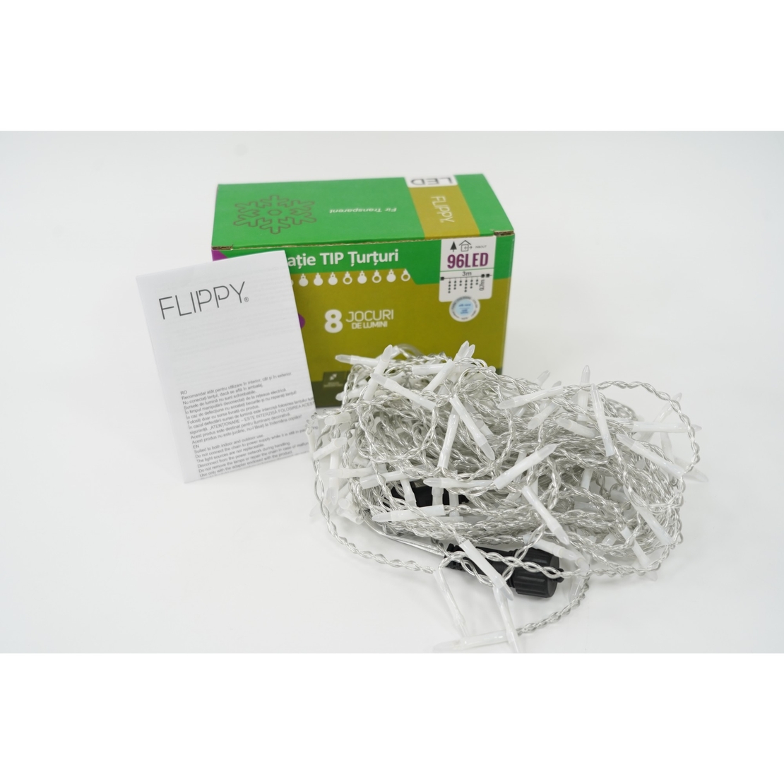 Instalatie de Craciun Vafy® Tip Turturi, 8 jocuri de lumini Sectiune 3 m, 96 LED-uri, Interconectabila, Fir Transparent, Alb Rece