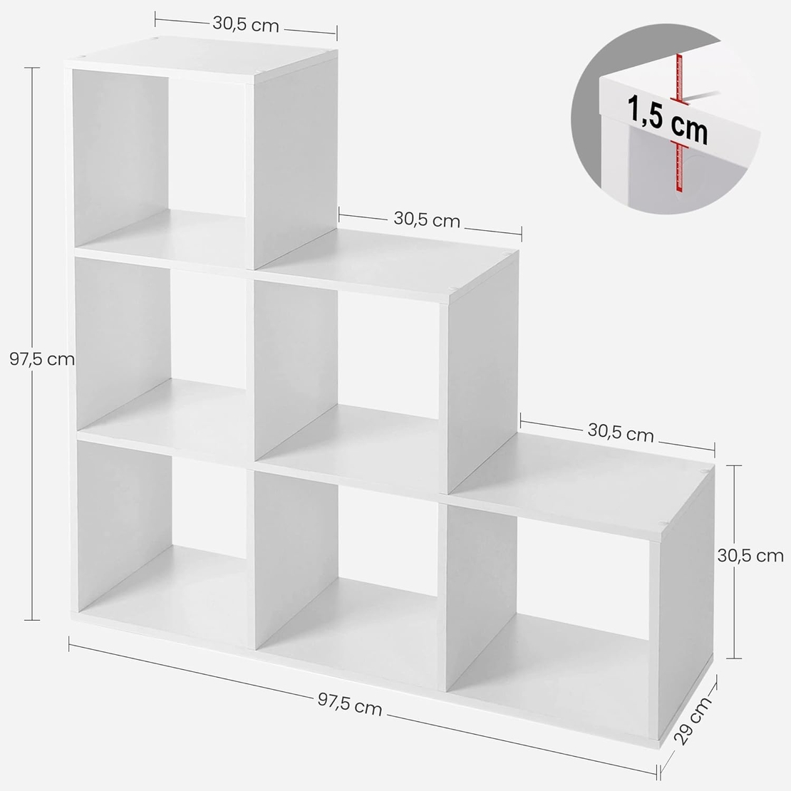 VASAGLE Biblioteca cu 6 compartimente, unitate de depozitare pentru decoratiuni, din lemn, 29x98x98cm, alb
