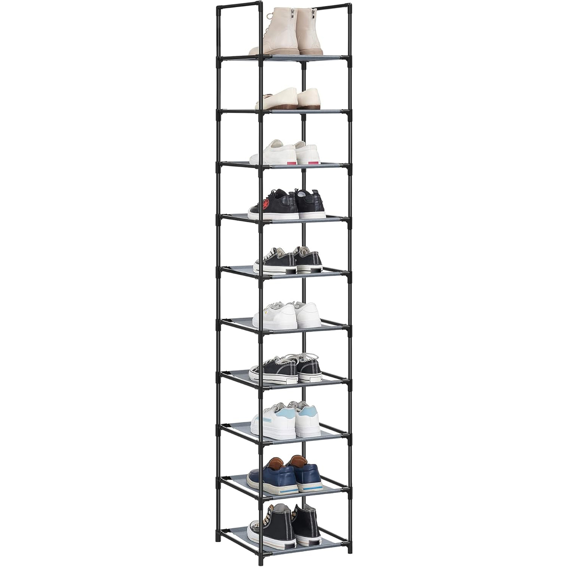 SONGMICS Suport pentru pantofi cu 10 nivele, cadru metalic, rafturi din textil, 33x33x173cm, gri