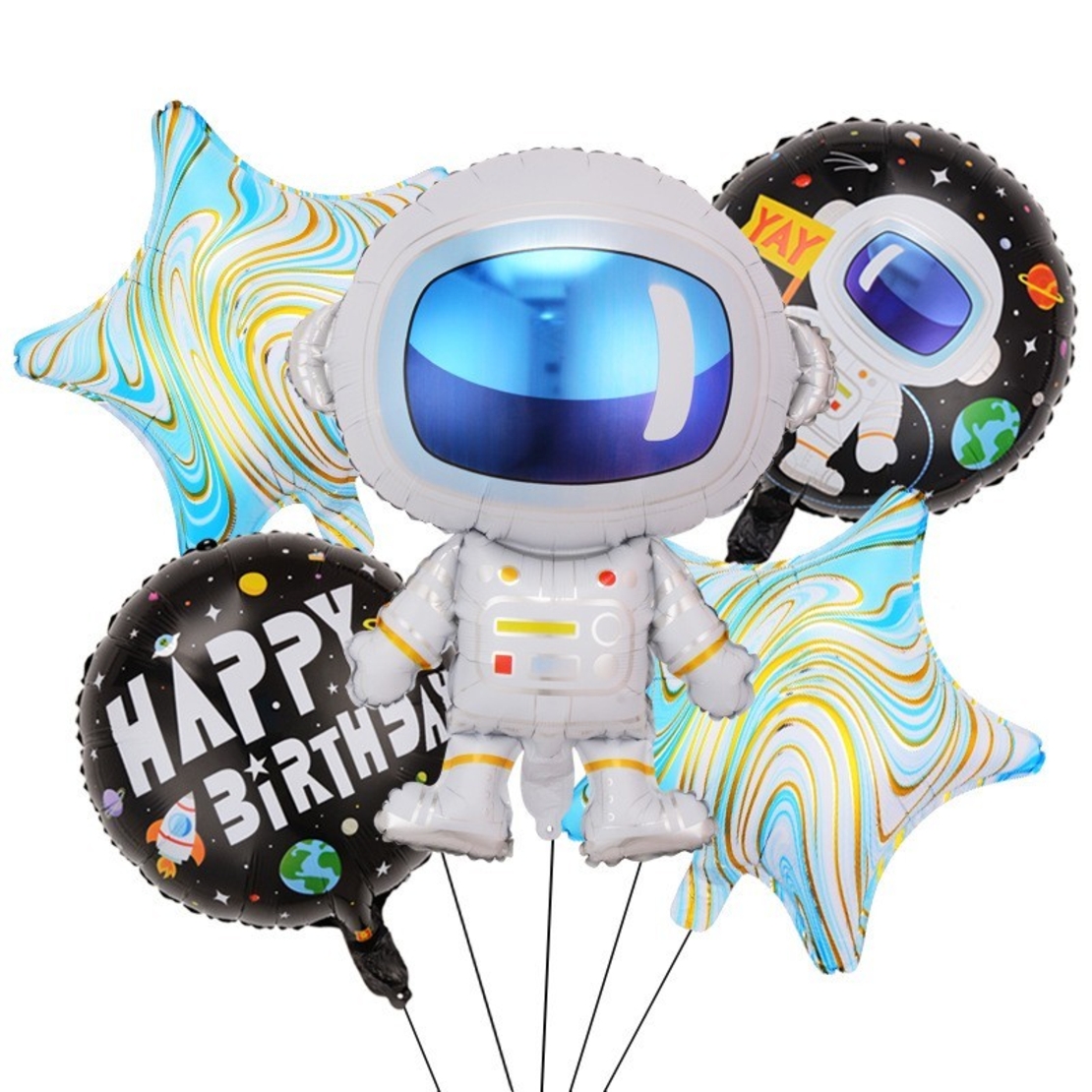 Baloane Model Astronaut, Flippy, Set din 5 baloane, 1 Astronaut, 2 Stele, 2 Rotunde, din folie de aluminiu, Adeziv si pai incluse, 78x45cm, Albastru deschis