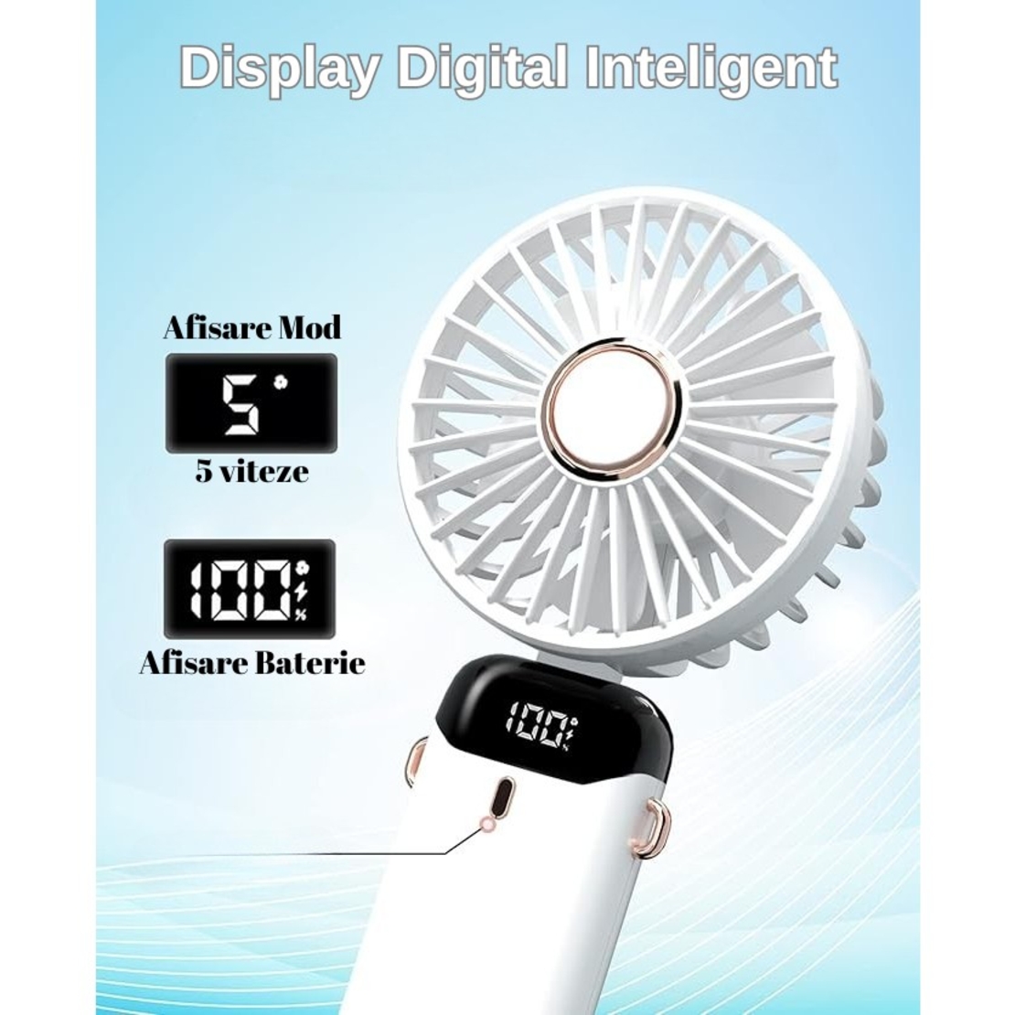Ventilator Ultra Portabil cu Aromaterapie, Vafy, 3 in 1, de Mana, de Birou, de Gat, 5 Trepte de Viteza, Incarcare USB, Autonomie 12h, Pliabil, cu Ecran LCD, Alb
