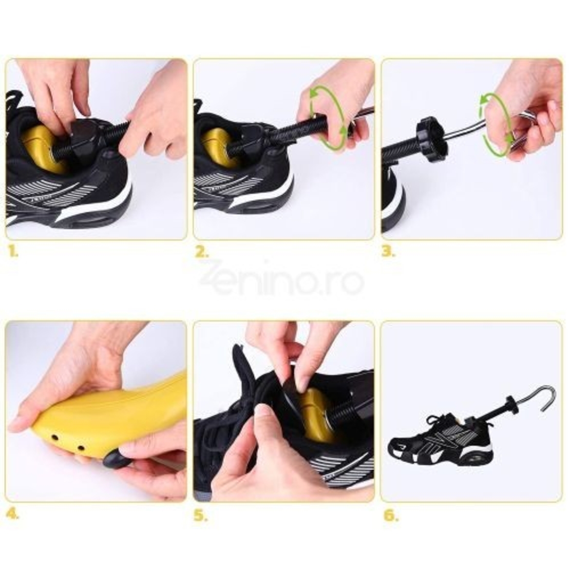 Set 2 Sanuri/Calapoade Reglabilile, Flippy, pentru Alungit si Largit Pantofi, Geanta si Incaltator Incluse, Universale, Unisex, din ABS Premium, Arc, Marime 30 - 36, Galben