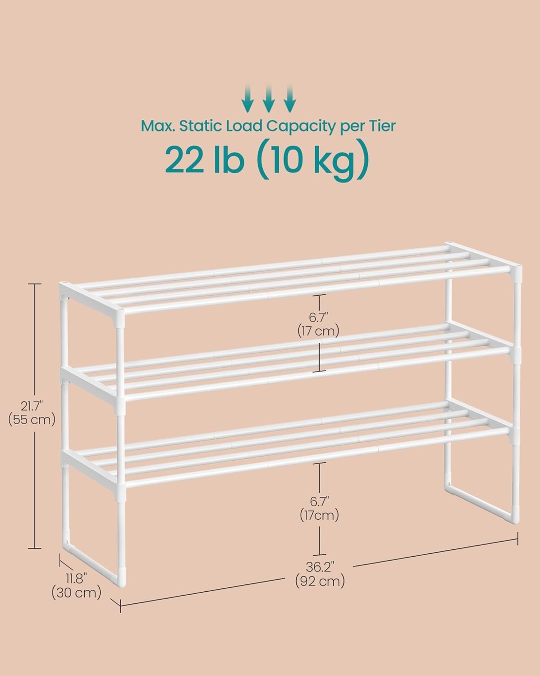 SONGMICS Suport pentru pantofi cu 3 nivele, structura metalica, pentru 12-15 perechi, 92x30x55cm, alb