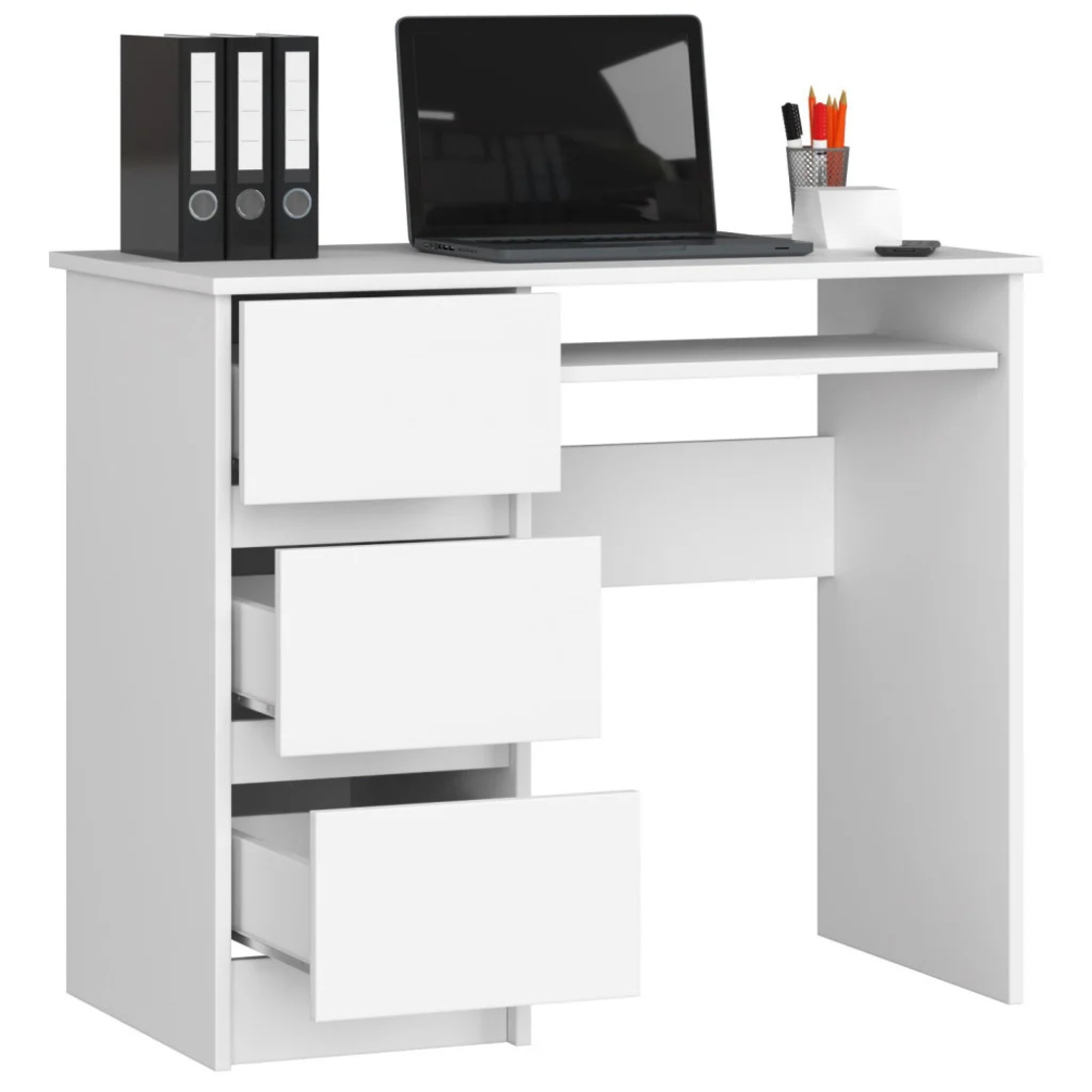 Birou computer cu 3 sertare si raft pentru tastatura, stanga, 90x50x77 cm, alb