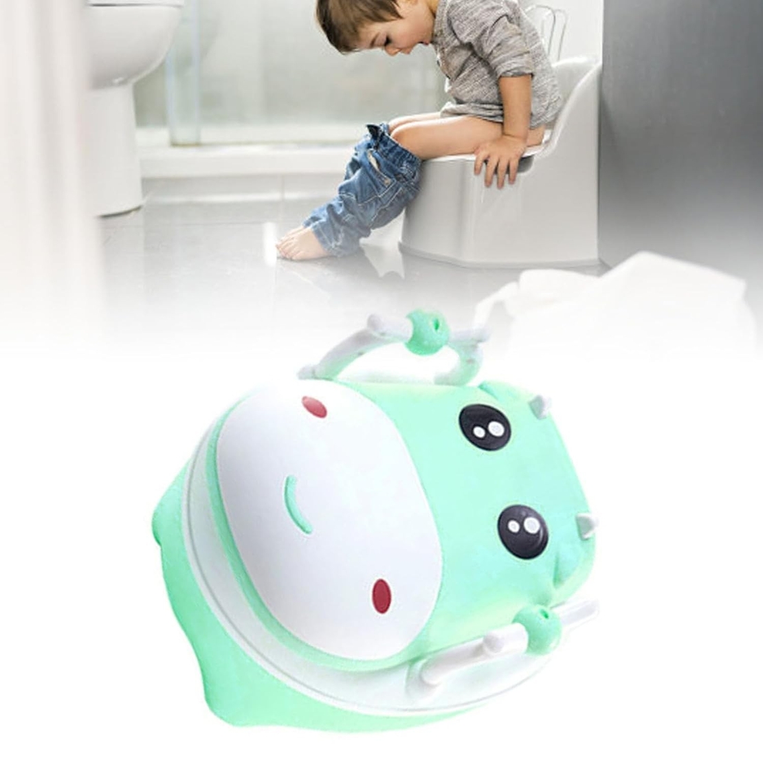 Olita pentru Copii, Flippy, +1an, Portabila, Design Vacuta cu Capac, Model Prietenos, Non-Toxic, cu Manere, Compartiment Detasabil, Perie Inclusa, Usor de Curatat, Verde