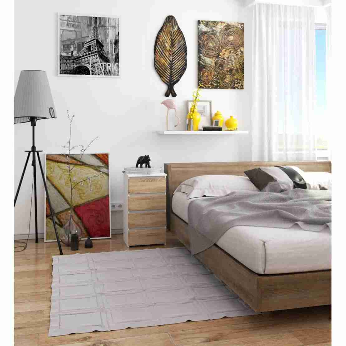 Comoda cu 4 sertare, PAL laminat 16mm, 40x35x74 cm, alb si stejar sonoma