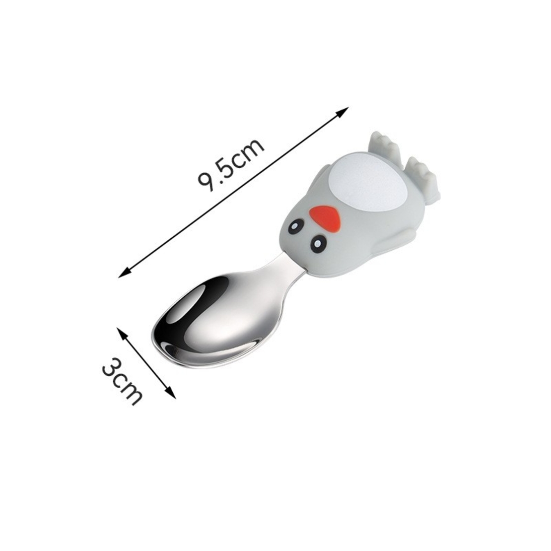 Set diversificare bebelusi Flippy, din silicon, 23.5 x 12.5 cm, 1 farfurie compartimentata in forma de pinguin, lingurita si furculita, pai, perie pai, fara alergeni, ventuza fixare, forma creativa, gri