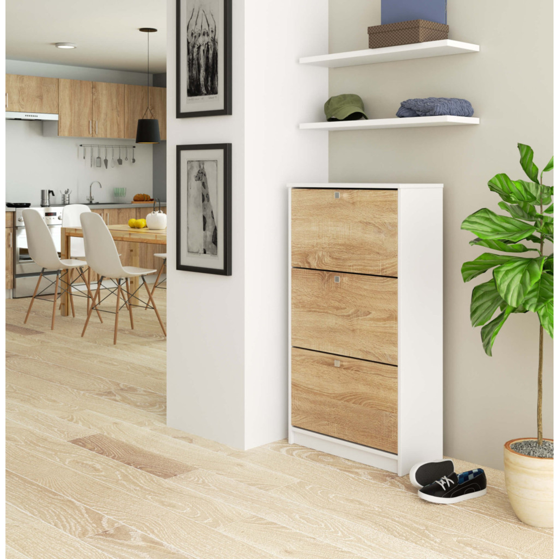 Dulap pantofi cu 3 usi rabatabile, PAL laminat 16 mm, 60x29x113 cm, alb si stejar sonoma