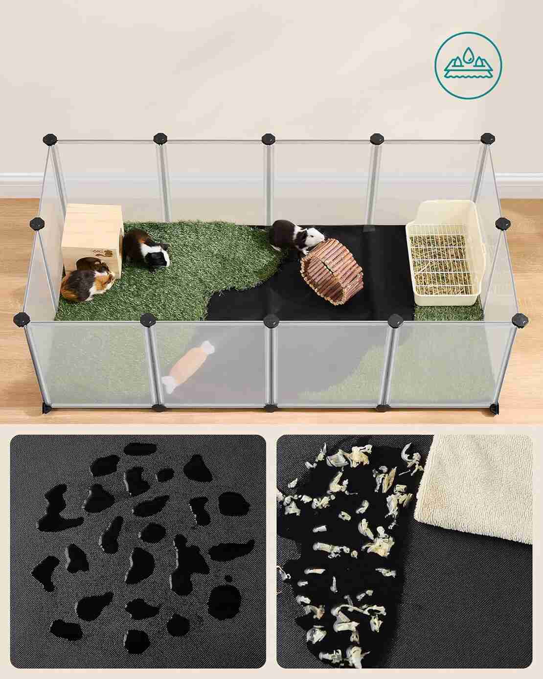 SONGMICS Tarc animale mici modular cu placi de baza si covoras impermeabil, 143x73x46 cm, transparent