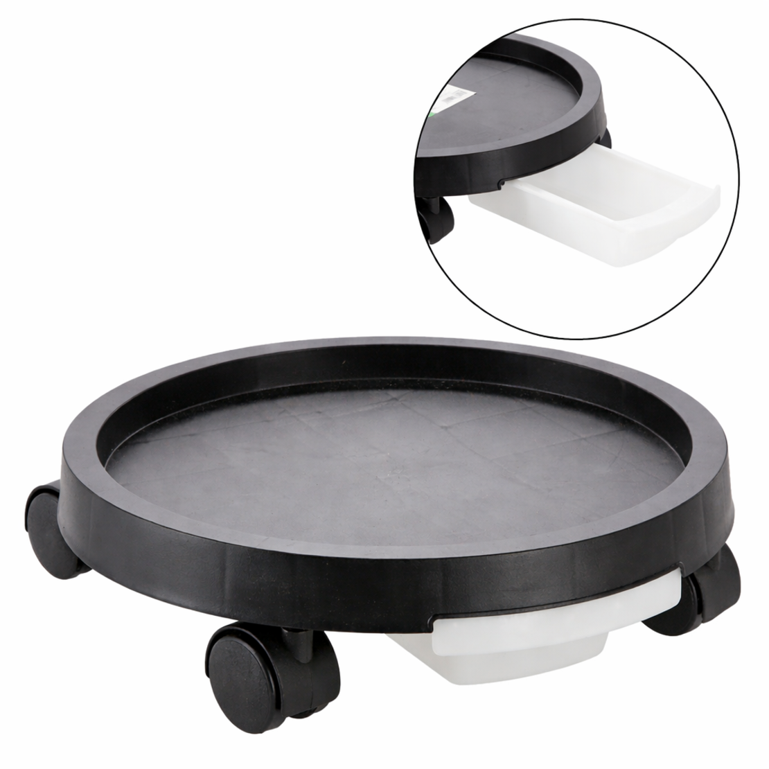 Suport ghiveci cu roti si tava colectare apa, suport mobil pentru plante, din plastic, 40 cm, negru