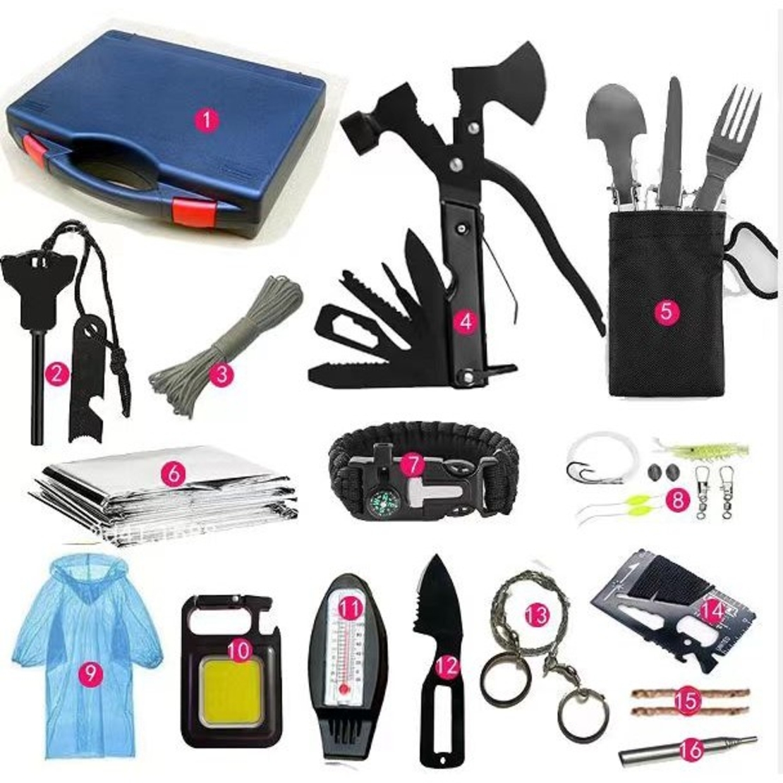 Kit Supravietuire Multifunctional Vafy, Instrumente Profesionale, Sub Forma de Trusa, pentru Camping, Drumetii si Aventuri in Aer Liber, Albastru