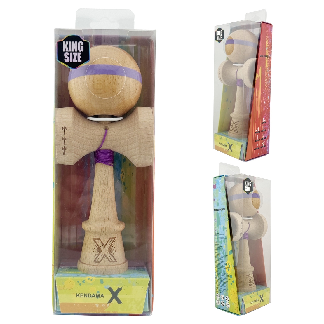 Kendama X Originala, Profesionala, Flippy, Super Sticky, Cupe Mari KING SIZE V3, Gaura in Baza, Rulment Metalic, din lemn 18 cm, Ata 62/65 cm, Original Mov