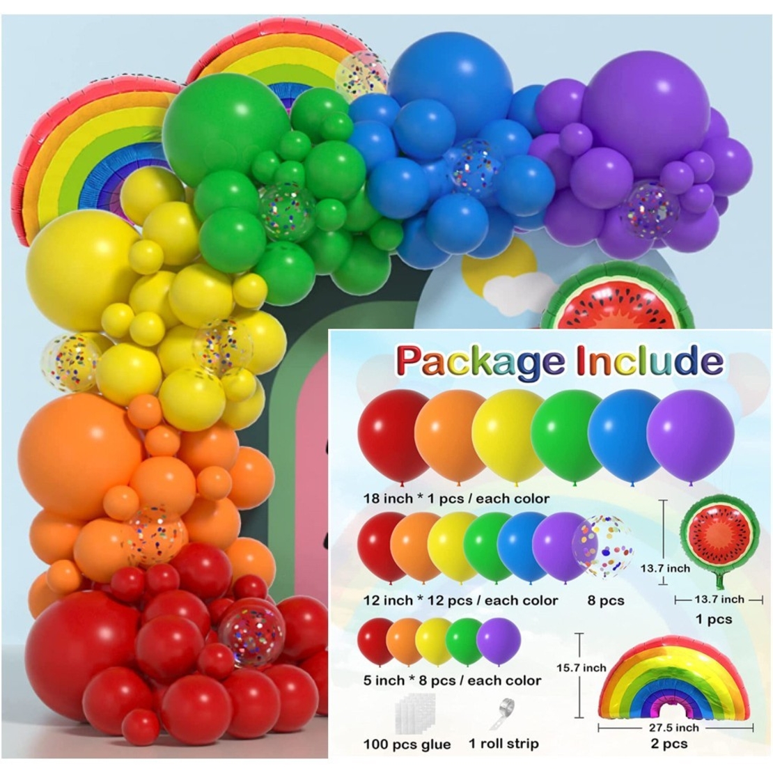 Baloane decorative pentru PETRECERE, Flippy, Arcada Set MIX din 107 baloane, pentru Evenimente, Aniversari, Model Curcubeu, Rainbow, Multicolor