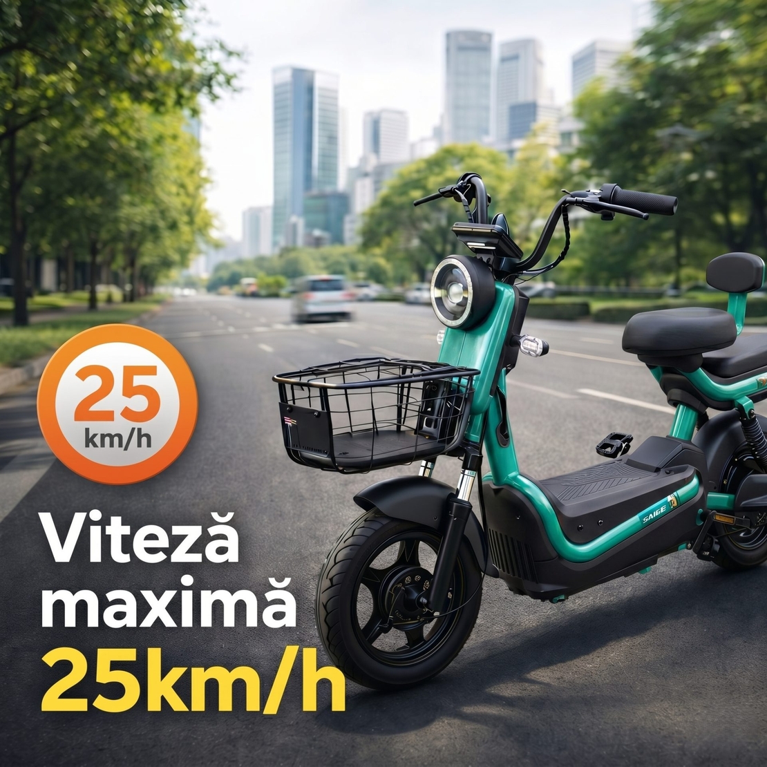 Scuter Electric KG, Saige, Fara Permis, Motor 500W, Baterie 48V20Ah, Autonomie 60km, 153x40x85 cm, Viteza Maxima 25km/h, Verde