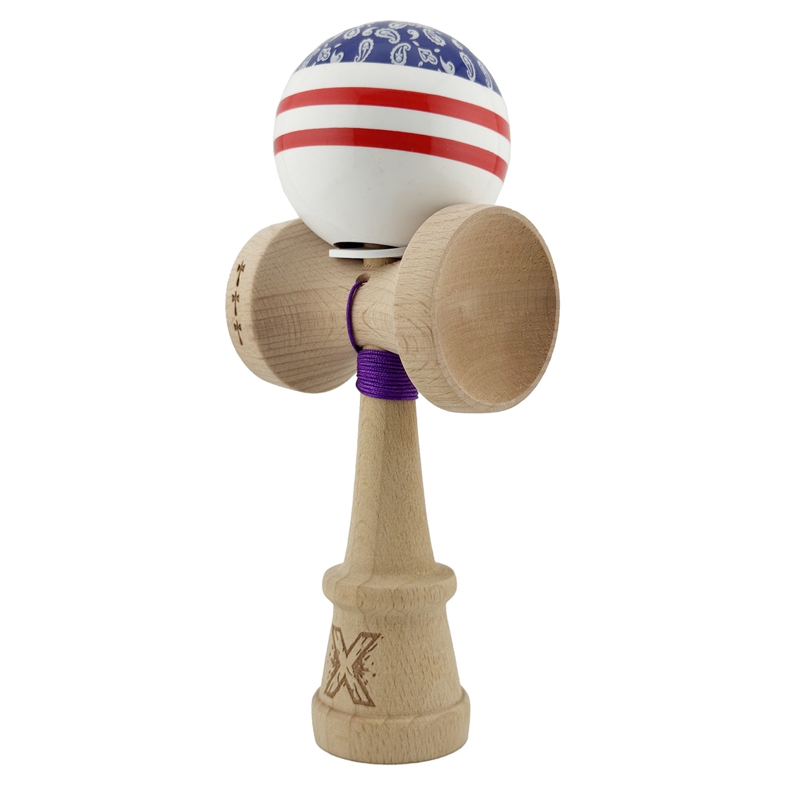 Kendama X Originala CHICANOS, Profesionala, Flippy, Cupe Mari KING SIZE V3, Super Sticky, Gaura in Baza, Rulment Metalic, din lemn 18 cm, Ata 62/65 cm, Mov/Alb